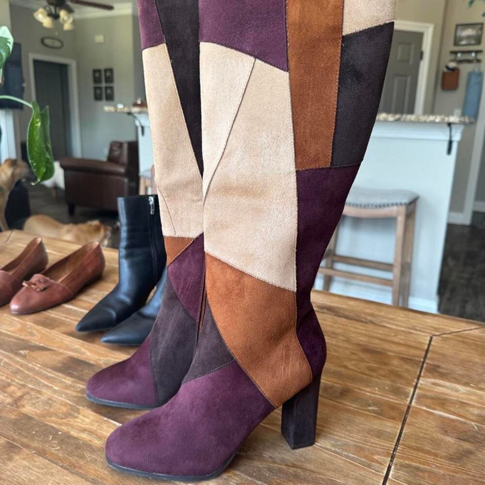 70s inspired Olene colorblock patchwork suede knee high boots